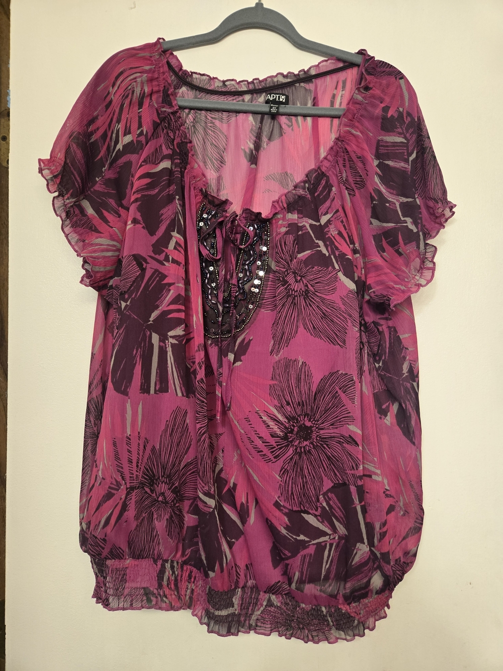 Apt. 9 Magenta and Black Floral Sequin Peasant Blouse